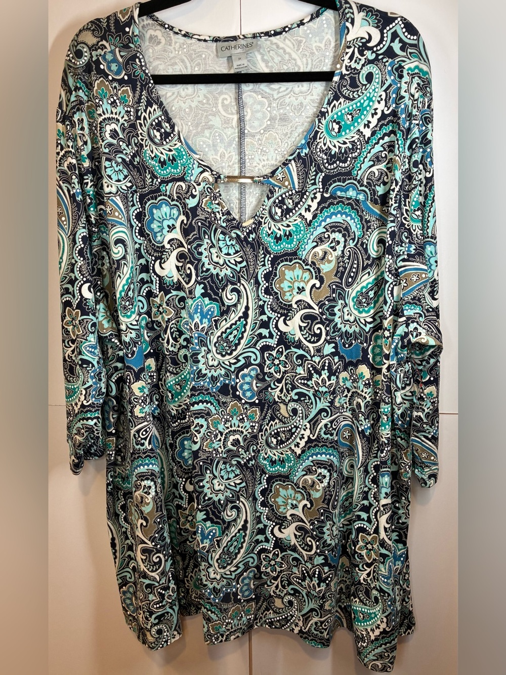 Catherines 3X Paisley Print Keyhole Knit Tunic Top Blue Teal Plus Size